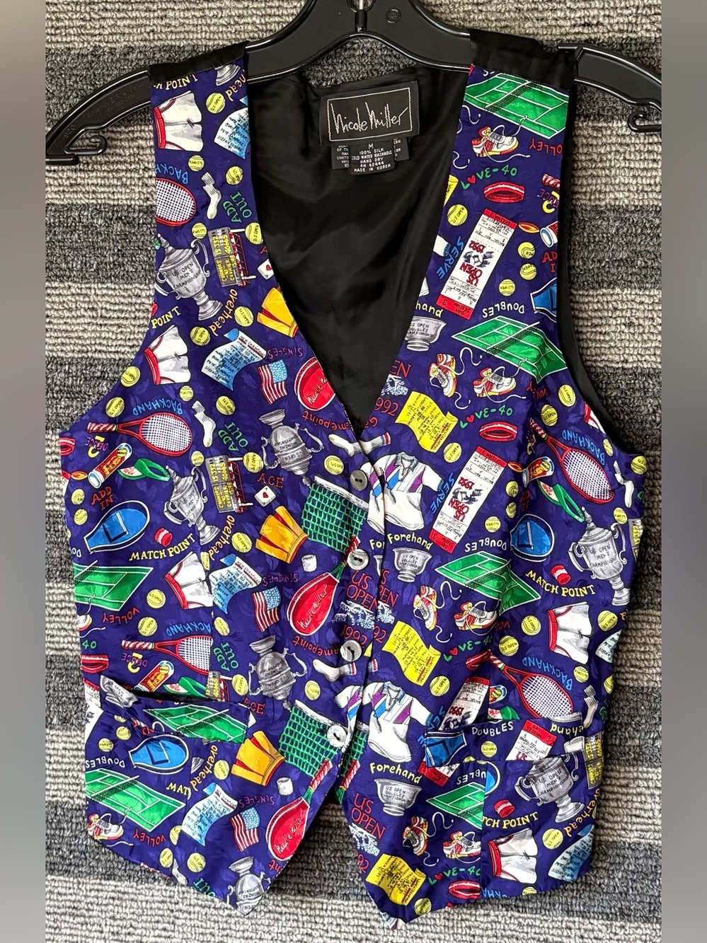 Vintage 90’s Nicole Miller Tennis Motif 100% Silk Vest Women’s Medium EUC